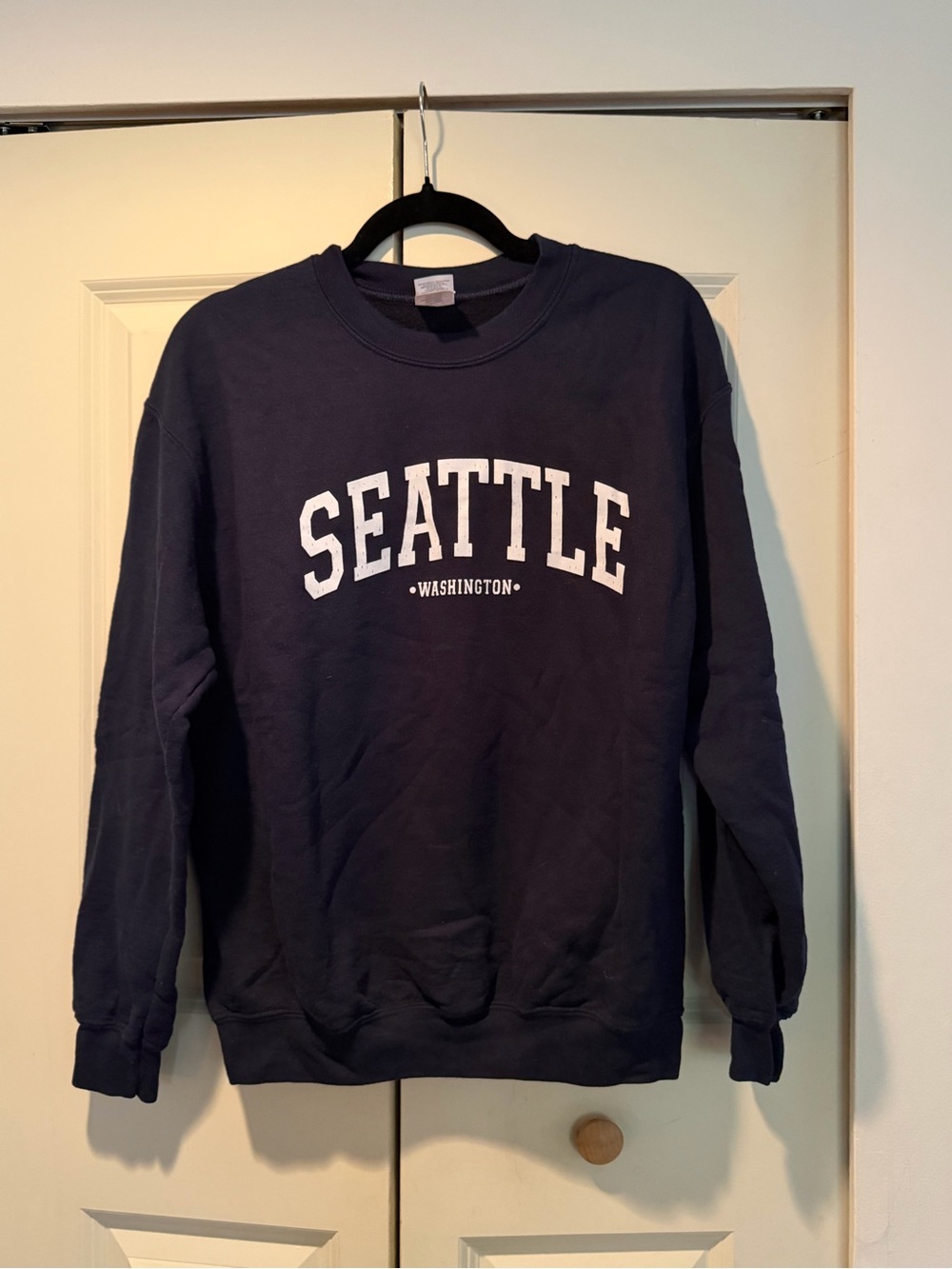 Gildan Navy Crewneck Sweatshirt with White SEATTLE Print